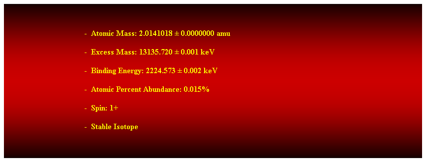 Cuadro de texto:  
-  Atomic Mass: 2.0141018  0.0000000 amu 
-  Excess Mass: 13135.720  0.001 keV 
-  Binding Energy: 2224.573  0.002 keV 
-  Atomic Percent Abundance: 0.015% 
-  Spin: 1+ 
-  Stable Isotope 
