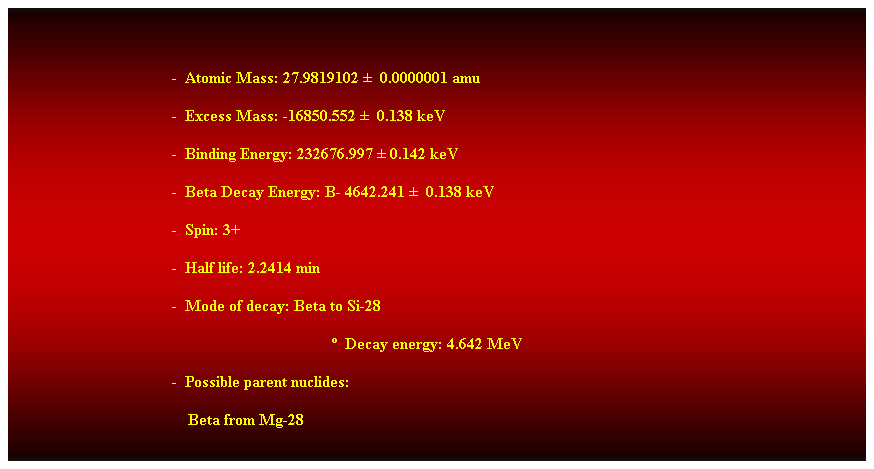 Cuadro de texto:  
-  Atomic Mass: 27.9819102   0.0000001 amu 
-  Excess Mass: -16850.552   0.138 keV 
-  Binding Energy: 232676.997  0.142 keV 
-  Beta Decay Energy: B- 4642.241   0.138 keV 
-  Spin: 3+ 
-  Half life: 2.2414 min 
-  Mode of decay: Beta to Si-28 
  Decay energy: 4.642 MeV 
-  Possible parent nuclides: 
                                            Beta from Mg-28 
