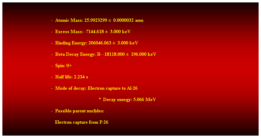 Cuadro de texto:  
-  Atomic Mass: 25.9923299   0.0000032 amu 
-  Excess Mass: -7144.618   3.000 keV 
-  Binding Energy: 206046.063   3.000 keV 
-  Beta Decay Energy: B- -18118.000   196.000 keV 
-  Spin: 0+ 
-  Half life: 2.234 s 
-  Mode of decay: Electron capture to Al-26 
  Decay energy: 5.066 MeV 
-  Possible parent nuclides: 
                                           Electron capture from P-26 
