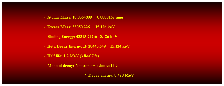 Cuadro de texto:  
-  Atomic Mass: 10.0354809   0.0000162 amu 
-  Excess Mass: 33050.226   15.126 keV 
-  Binding Energy: 45315.942  15.126 keV 
-  Beta Decay Energy: B- 20443.649  15.124 keV 
-  Half life: 1.2 MeV (3.8e-07 fs) 
-  Mode of decay: Neutron emission to Li-9 
  Decay energy: 0.420 MeV 
