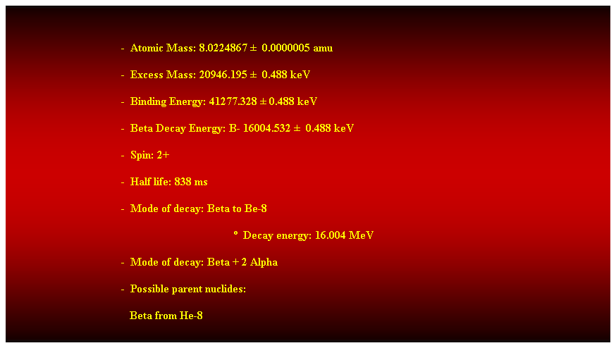 Cuadro de texto:  
-  Atomic Mass: 8.0224867   0.0000005 amu 
-  Excess Mass: 20946.195   0.488 keV 
-  Binding Energy: 41277.328  0.488 keV 
-  Beta Decay Energy: B- 16004.532   0.488 keV 
-  Spin: 2+ 
-  Half life: 838 ms 
-  Mode of decay: Beta to Be-8 
  Decay energy: 16.004 MeV 
-  Mode of decay: Beta + 2 Alpha 
-  Possible parent nuclides:
                                           Beta from He-8 
