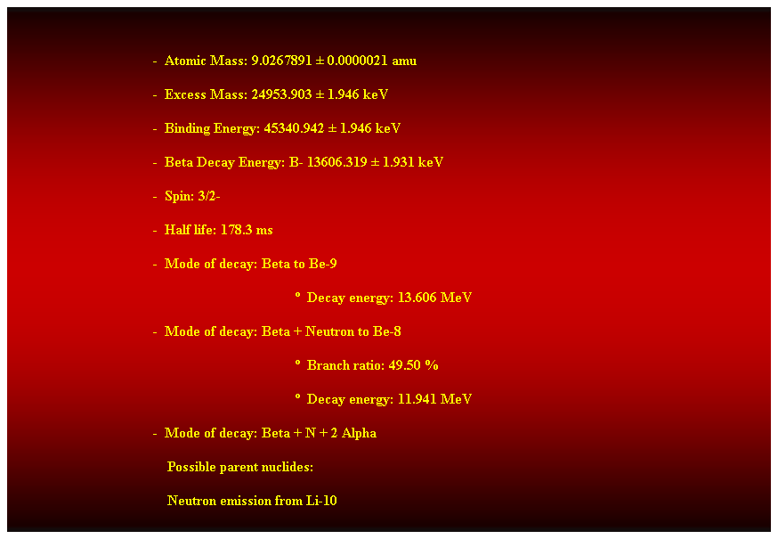 Cuadro de texto:  
-  Atomic Mass: 9.0267891  0.0000021 amu 
-  Excess Mass: 24953.903  1.946 keV 
-  Binding Energy: 45340.942  1.946 keV 
-  Beta Decay Energy: B- 13606.319  1.931 keV 
-  Spin: 3/2- 
-  Half life: 178.3 ms 
-  Mode of decay: Beta to Be-9 
  Decay energy: 13.606 MeV 
-  Mode of decay: Beta + Neutron to Be-8 
  Branch ratio: 49.50 % 
  Decay energy: 11.941 MeV 
-  Mode of decay: Beta + N + 2 Alpha 
    Possible parent nuclides: 
    Neutron emission from Li-10 
