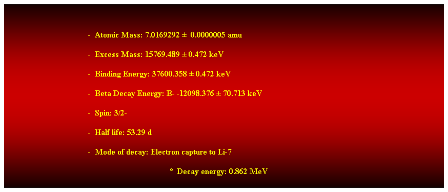 Cuadro de texto:  
-  Atomic Mass: 7.0169292   0.0000005 amu 
-  Excess Mass: 15769.489  0.472 keV 
-  Binding Energy: 37600.358  0.472 keV 
-  Beta Decay Energy: B- -12098.376  70.713 keV 
-  Spin: 3/2- 
-  Half life: 53.29 d 
-  Mode of decay: Electron capture to Li-7 
  Decay energy: 0.862 MeV 
