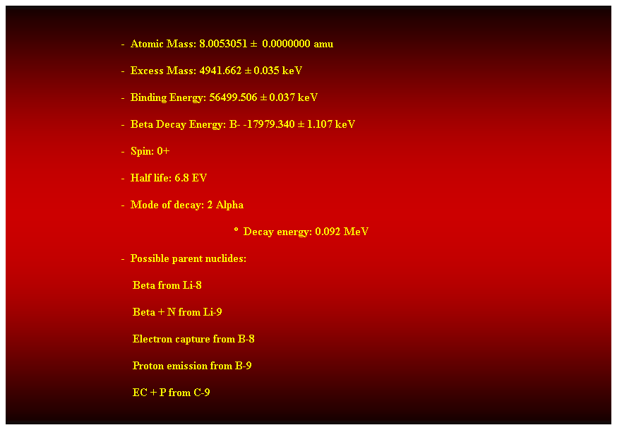 Cuadro de texto:  
-  Atomic Mass: 8.0053051   0.0000000 amu 
-  Excess Mass: 4941.662  0.035 keV 
-  Binding Energy: 56499.506  0.037 keV 
-  Beta Decay Energy: B- -17979.340  1.107 keV 
-  Spin: 0+ 
-  Half life: 6.8 EV 
-  Mode of decay: 2 Alpha 
  Decay energy: 0.092 MeV 
-  Possible parent nuclides: 
                                            Beta from Li-8 
                                            Beta + N from Li-9 
                                            Electron capture from B-8 
                                            Proton emission from B-9 
                                            EC + P from C-9 
