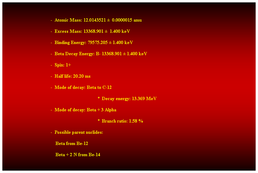 Cuadro de texto:  
-  Atomic Mass: 12.0143521   0.0000015 amu 
-  Excess Mass: 13368.901   1.400 keV 
-  Binding Energy: 79575.205  1.400 keV 
-  Beta Decay Energy: B- 13368.901  1.400 keV 
-  Spin: 1+ 
-  Half life: 20.20 ms 
-  Mode of decay: Beta to C-12 
  Decay energy: 13.369 MeV 
-  Mode of decay: Beta + 3 Alpha 
  Branch ratio: 1.58 % 
-  Possible parent nuclides: 
    Beta from Be-12 
    Beta + 2 N from Be-14 
 
