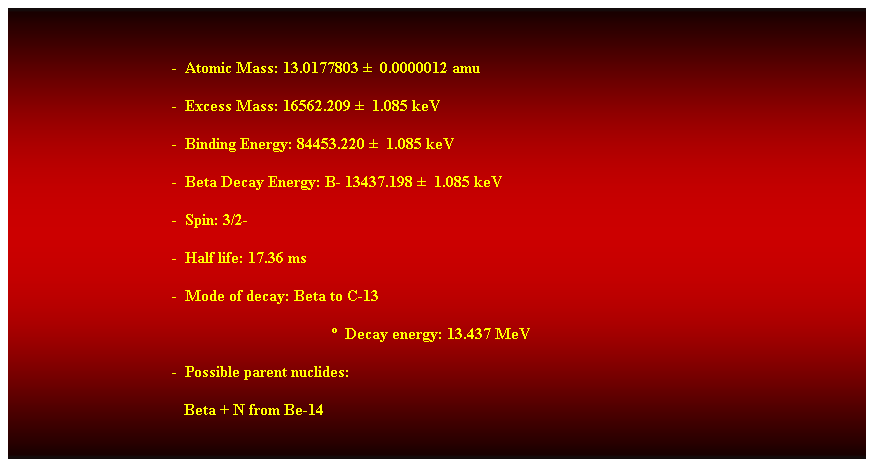 Cuadro de texto:  
-  Atomic Mass: 13.0177803   0.0000012 amu 
-  Excess Mass: 16562.209   1.085 keV 
-  Binding Energy: 84453.220   1.085 keV 
-  Beta Decay Energy: B- 13437.198   1.085 keV 
-  Spin: 3/2- 
-  Half life: 17.36 ms 
-  Mode of decay: Beta to C-13 
  Decay energy: 13.437 MeV 
-  Possible parent nuclides: 
                                           Beta + N from Be-14 
 
