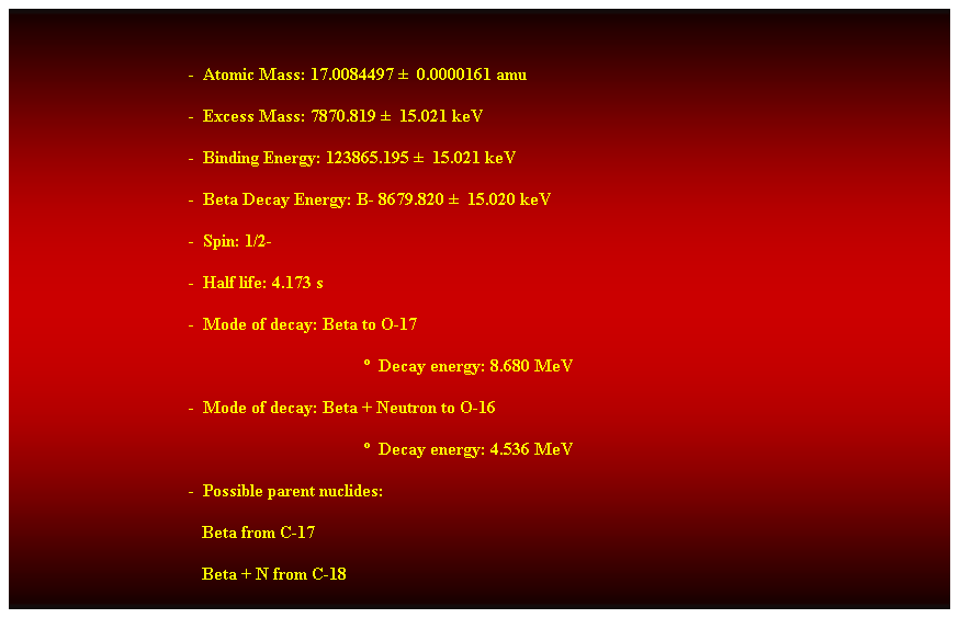 Cuadro de texto:  
-  Atomic Mass: 17.0084497   0.0000161 amu 
-  Excess Mass: 7870.819   15.021 keV 
-  Binding Energy: 123865.195   15.021 keV 
-  Beta Decay Energy: B- 8679.820   15.020 keV 
-  Spin: 1/2- 
-  Half life: 4.173 s 
-  Mode of decay: Beta to O-17 
  Decay energy: 8.680 MeV 
-  Mode of decay: Beta + Neutron to O-16 
  Decay energy: 4.536 MeV 
-  Possible parent nuclides: 
                                           Beta from C-17 
                                           Beta + N from C-18 
