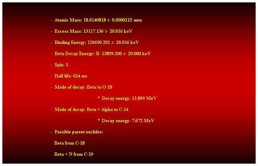 Cuadro de texto:  
-  Atomic Mass: 18.0140818   0.0000215 amu 
-  Excess Mass: 13117.136   20.016 keV 
-  Binding Energy: 126690.201   20.016 keV 
-  Beta Decay Energy: B- 13899.200   20.000 keV 
-  Spin: 1- 
-  Half life: 624 ms 
-  Mode of decay: Beta to O-18 
  Decay energy: 13.899 MeV 
-  Mode of decay: Beta + Alpha to C-14 
  Decay energy: 7.672 MeV 
-  Possible parent nuclides: 
                                           Beta from C-18 
                                           Beta + N from C-19 
