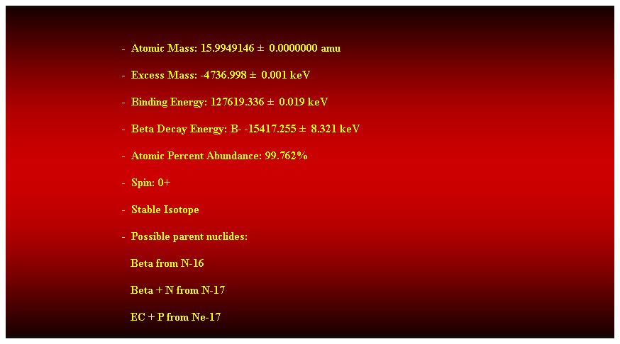 Cuadro de texto:  
-  Atomic Mass: 15.9949146   0.0000000 amu 
-  Excess Mass: -4736.998   0.001 keV 
-  Binding Energy: 127619.336   0.019 keV 
-  Beta Decay Energy: B- -15417.255   8.321 keV 
-  Atomic Percent Abundance: 99.762% 
-  Spin: 0+ 
-  Stable Isotope 
-  Possible parent nuclides: 
                                           Beta from N-16 
                                           Beta + N from N-17 
                                           EC + P from Ne-17 
