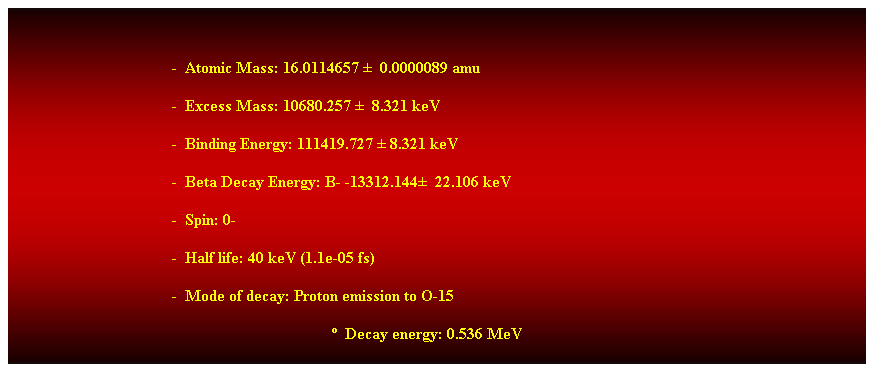 Cuadro de texto:  
-  Atomic Mass: 16.0114657   0.0000089 amu 
-  Excess Mass: 10680.257   8.321 keV 
-  Binding Energy: 111419.727  8.321 keV 
-  Beta Decay Energy: B- -13312.144  22.106 keV 
-  Spin: 0- 
-  Half life: 40 keV (1.1e-05 fs) 
-  Mode of decay: Proton emission to O-15 
  Decay energy: 0.536 MeV 
