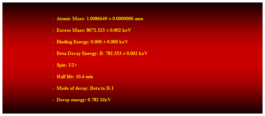 Cuadro de texto:  
-  Atomic Mass: 1.0086649  0.0000000 amu
-  Excess Mass: 8071.323  0.002 keV 
-  Binding Energy: 0.000  0.000 keV 
-  Beta Decay Energy: B- 782.353  0.002 keV 
-  Spin: 1/2+ 
-  Half life: 10.4 min 
-  Mode of decay: Beta to H-1 
-  Decay energy: 0.782 MeV
 
