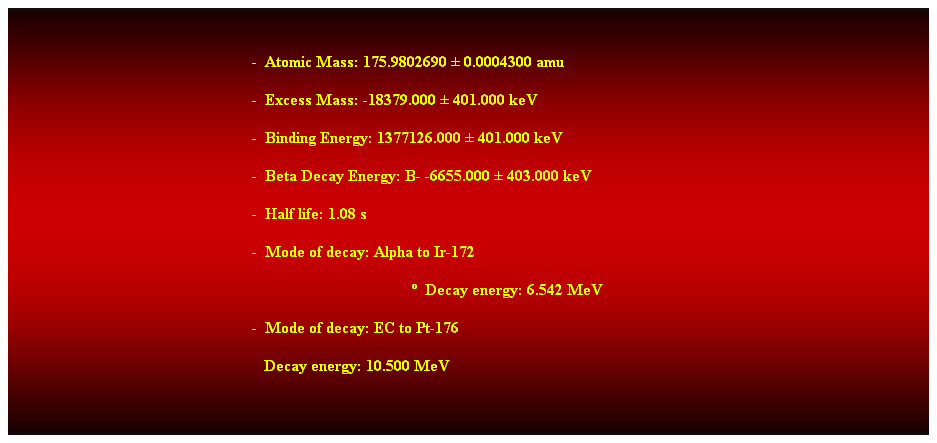 Cuadro de texto:  
-  Atomic Mass: 175.9802690  0.0004300 amu 
-  Excess Mass: -18379.000  401.000 keV 
-  Binding Energy: 1377126.000  401.000 keV 
-  Beta Decay Energy: B- -6655.000  403.000 keV 
-  Half life: 1.08 s 
-  Mode of decay: Alpha to Ir-172 
  Decay energy: 6.542 MeV 
-  Mode of decay: EC to Pt-176 
   Decay energy: 10.500 MeV 
