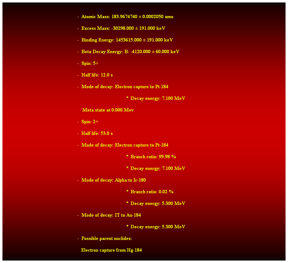 Cuadro de texto:  
-  Atomic Mass: 183.9674740  0.0002050 amu 
-  Excess Mass: -30298.000  191.000 keV 
-  Binding Energy: 1453615.000  191.000 keV 
-  Beta Decay Energy: B- -4120.000  60.000 keV 
-  Spin: 5+ 
-  Half life: 12.0 s 
-  Mode of decay: Electron capture to Pt-184 
  Decay energy: 7.100 MeV 
    Meta state at 0.000 Mev 
-  Spin: 2+ 
-  Half life: 53.0 s 
-  Mode of decay: Electron capture to Pt-184 
  Branch ratio: 99.98 % 
  Decay energy: 7.100 MeV 
-  Mode of decay: Alpha to Ir-180 
  Branch ratio: 0.02 % 
  Decay energy: 5.300 MeV 
-  Mode of decay: IT to Au-184 
  Decay energy: 5.300 MeV 
-  Possible parent nuclides: 
   Electron capture from Hg-184 
