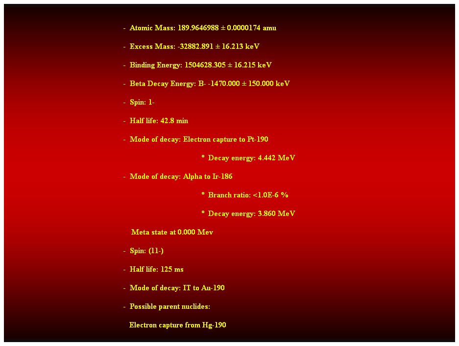 Cuadro de texto:  
-  Atomic Mass: 189.9646988  0.0000174 amu 
-  Excess Mass: -32882.891  16.213 keV 
-  Binding Energy: 1504628.305  16.215 keV 
-  Beta Decay Energy: B- -1470.000  150.000 keV 
-  Spin: 1- 
-  Half life: 42.8 min 
-  Mode of decay: Electron capture to Pt-190 
  Decay energy: 4.442 MeV 
-  Mode of decay: Alpha to Ir-186 
  Branch ratio: <1.0E-6 % 
  Decay energy: 3.860 MeV 
    Meta state at 0.000 Mev 
-  Spin: (11-) 
-  Half life: 125 ms 
-  Mode of decay: IT to Au-190 
-  Possible parent nuclides: 
   Electron capture from Hg-190 
  
