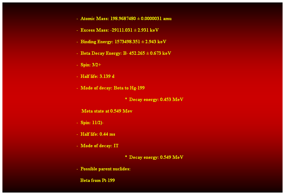 Cuadro de texto:  
-  Atomic Mass: 198.9687480  0.0000031 amu 
-  Excess Mass: -29111.031  2.931 keV 
-  Binding Energy: 1573498.351  2.943 keV 
-  Beta Decay Energy: B- 452.265  0.673 keV 
-  Spin: 3/2+ 
-  Half life: 3.139 d 
-  Mode of decay: Beta to Hg-199 
  Decay energy: 0.453 MeV 
    Meta state at 0.549 Mev 
-  Spin: 11/2)- 
-  Half life: 0.44 ms 
-  Mode of decay: IT 
  Decay energy: 0.549 MeV 
-  Possible parent nuclides: 
   Beta from Pt-199 
