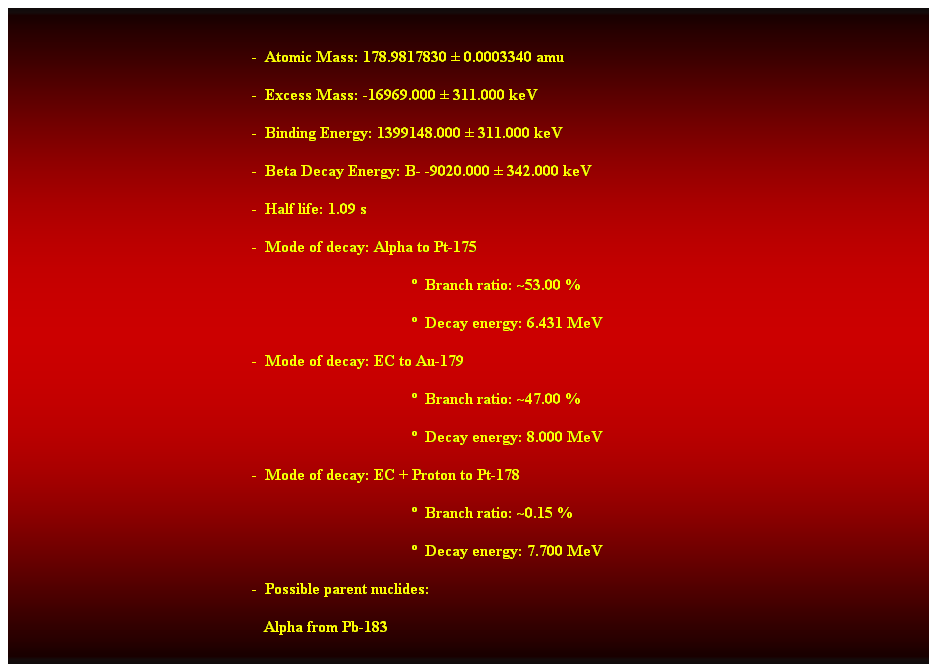 Cuadro de texto:  
-  Atomic Mass: 178.9817830  0.0003340 amu 
-  Excess Mass: -16969.000  311.000 keV 
-  Binding Energy: 1399148.000  311.000 keV 
-  Beta Decay Energy: B- -9020.000  342.000 keV 
-  Half life: 1.09 s 
-  Mode of decay: Alpha to Pt-175 
  Branch ratio: ~53.00 % 
  Decay energy: 6.431 MeV 
-  Mode of decay: EC to Au-179 
  Branch ratio: ~47.00 % 
  Decay energy: 8.000 MeV 
-  Mode of decay: EC + Proton to Pt-178 
  Branch ratio: ~0.15 % 
  Decay energy: 7.700 MeV 
-  Possible parent nuclides: 
   Alpha from Pb-183 
