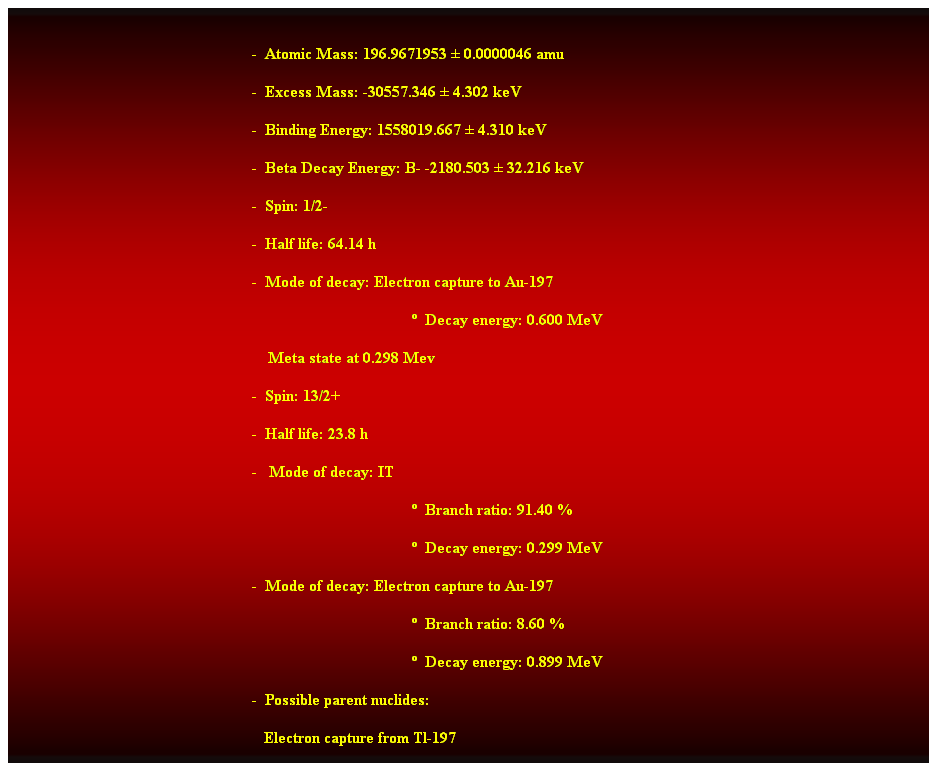 Cuadro de texto:  
-  Atomic Mass: 196.9671953  0.0000046 amu 
-  Excess Mass: -30557.346  4.302 keV 
-  Binding Energy: 1558019.667  4.310 keV 
-  Beta Decay Energy: B- -2180.503  32.216 keV 
-  Spin: 1/2- 
-  Half life: 64.14 h 
-  Mode of decay: Electron capture to Au-197 
  Decay energy: 0.600 MeV 
    Meta state at 0.298 Mev 
-  Spin: 13/2+ 
-  Half life: 23.8 h 
-   Mode of decay: IT 
  Branch ratio: 91.40 % 
  Decay energy: 0.299 MeV 
-  Mode of decay: Electron capture to Au-197 
  Branch ratio: 8.60 % 
  Decay energy: 0.899 MeV 
-  Possible parent nuclides: 
   Electron capture from Tl-197 
