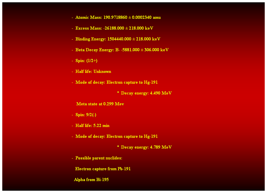 Cuadro de texto:  
-  Atomic Mass: 190.9718860  0.0002340 amu 
-  Excess Mass: -26188.000  218.000 keV 
-  Binding Energy: 1504440.000  218.000 keV 
-  Beta Decay Energy: B- -5881.000  306.000 keV 
-  Spin: (1/2+) 
-  Half life: Unknown 
-  Mode of decay: Electron capture to Hg-191 
  Decay energy: 4.490 MeV 
    Meta state at 0.299 Mev 
-  Spin: 9/2(-) 
-  Half life: 5.22 min 
-  Mode of decay: Electron capture to Hg-191 
  Decay energy: 4.789 MeV 
-  Possible parent nuclides: 
                                                               Electron capture from Pb-191 
                                                              Alpha from Bi-195 
