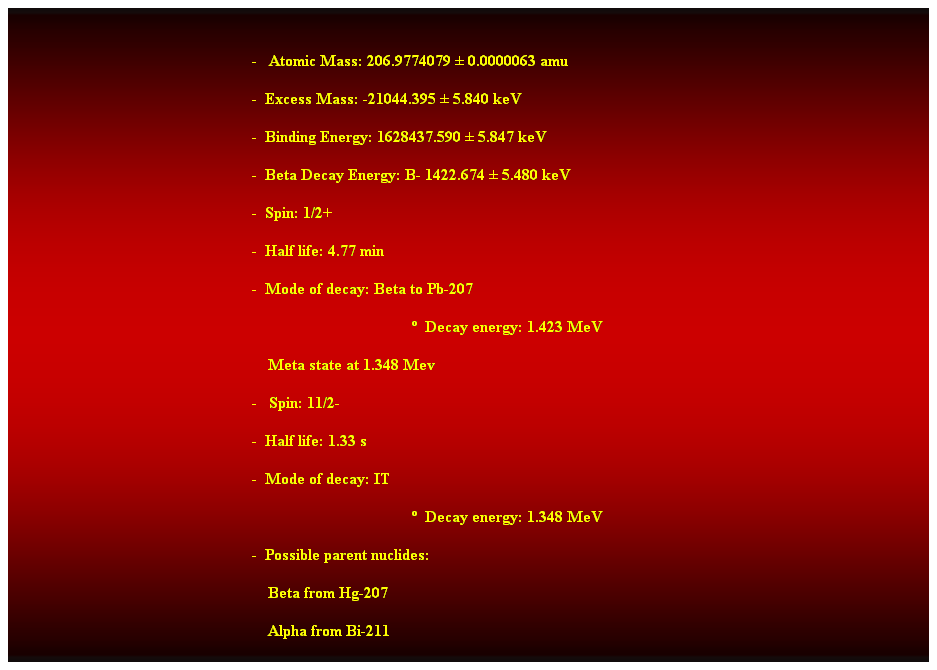 Cuadro de texto:  
-   Atomic Mass: 206.9774079  0.0000063 amu 
-  Excess Mass: -21044.395  5.840 keV 
-  Binding Energy: 1628437.590  5.847 keV 
-  Beta Decay Energy: B- 1422.674  5.480 keV 
-  Spin: 1/2+ 
-  Half life: 4.77 min 
-  Mode of decay: Beta to Pb-207 
  Decay energy: 1.423 MeV 
    Meta state at 1.348 Mev 
-   Spin: 11/2- 
-  Half life: 1.33 s 
-  Mode of decay: IT 
  Decay energy: 1.348 MeV 
-  Possible parent nuclides: 
                                                                Beta from Hg-207 
                                                                Alpha from Bi-211 
