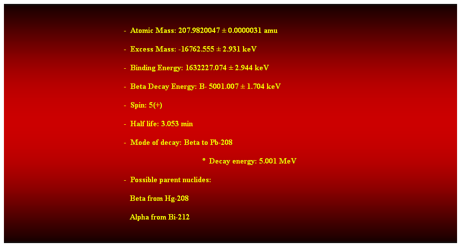 Cuadro de texto:  
-  Atomic Mass: 207.9820047  0.0000031 amu 
-  Excess Mass: -16762.555  2.931 keV 
-  Binding Energy: 1632227.074  2.944 keV 
-  Beta Decay Energy: B- 5001.007  1.704 keV 
-  Spin: 5(+) 
-  Half life: 3.053 min 
-  Mode of decay: Beta to Pb-208 
  Decay energy: 5.001 MeV 
-  Possible parent nuclides: 
                                                               Beta from Hg-208 
                                                               Alpha from Bi-212 
