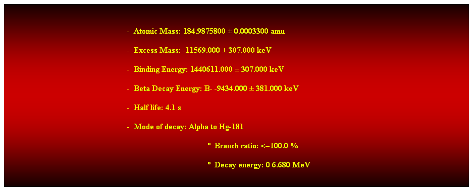 Cuadro de texto:  
-  Atomic Mass: 184.9875800  0.0003300 amu 
-  Excess Mass: -11569.000  307.000 keV 
-  Binding Energy: 1440611.000  307.000 keV 
-  Beta Decay Energy: B- -9434.000  381.000 keV 
-  Half life: 4.1 s 
-  Mode of decay: Alpha to Hg-181 
  Branch ratio: <=100.0 % 
  Decay energy: 0 6.680 MeV 
 
