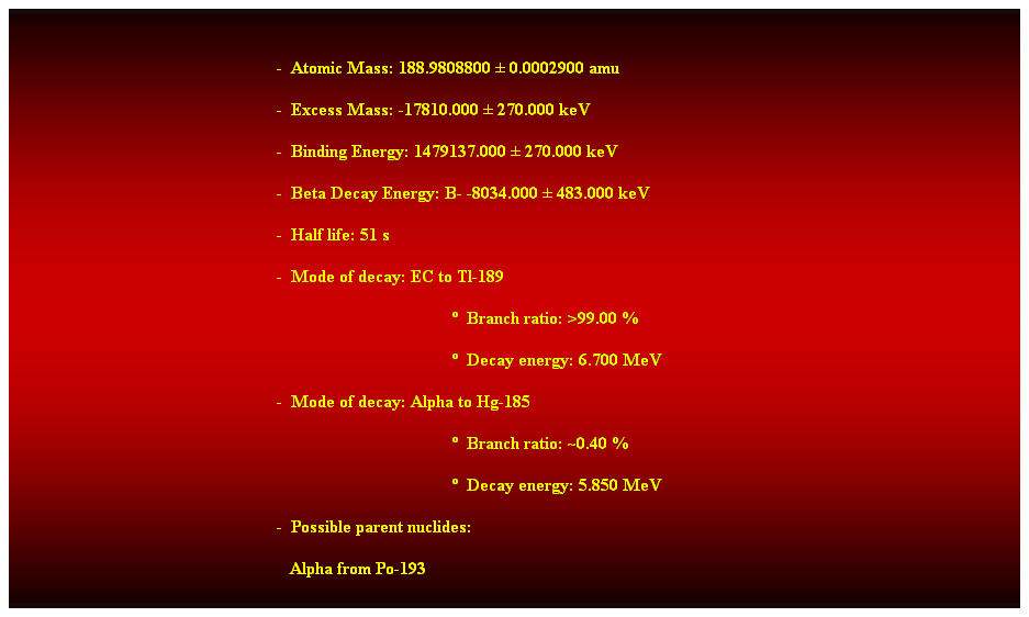 Cuadro de texto:  
-  Atomic Mass: 188.9808800  0.0002900 amu 
-  Excess Mass: -17810.000  270.000 keV 
-  Binding Energy: 1479137.000  270.000 keV 
-  Beta Decay Energy: B- -8034.000  483.000 keV 
-  Half life: 51 s 
-  Mode of decay: EC to Tl-189 
  Branch ratio: >99.00 % 
  Decay energy: 6.700 MeV 
-  Mode of decay: Alpha to Hg-185 
  Branch ratio: ~0.40 % 
  Decay energy: 5.850 MeV 
-  Possible parent nuclides: 
   Alpha from Po-193 
