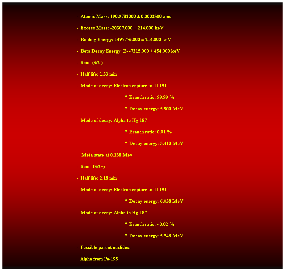 Cuadro de texto:  
-  Atomic Mass: 190.9782000  0.0002300 amu 
-  Excess Mass: -20307.000  214.000 keV 
-  Binding Energy: 1497776.000  214.000 keV 
-  Beta Decay Energy: B- -7315.000  454.000 keV 
-  Spin: (3/2-) 
-  Half life: 1.33 min 
-  Mode of decay: Electron capture to Tl-191 
  Branch ratio: 99.99 % 
  Decay energy: 5.900 MeV 
-  Mode of decay: Alpha to Hg-187 
  Branch ratio: 0.01 % 
  Decay energy: 5.410 MeV 
    Meta state at 0.138 Mev 
-  Spin: 13/2+) 
-  Half life: 2.18 min 
-  Mode of decay: Electron capture to Tl-191 
  Decay energy: 6.038 MeV 
-  Mode of decay: Alpha to Hg-187 
  Branch ratio: ~0.02 % 
  Decay energy: 5.548 MeV 
-  Possible parent nuclides: 
   Alpha from Po-195 
