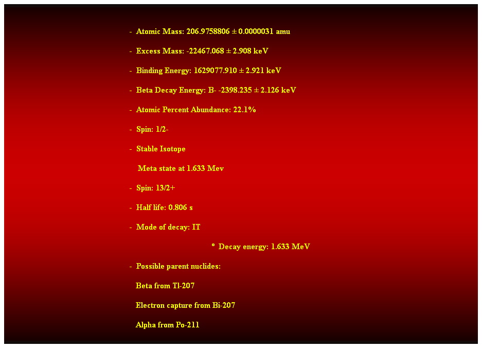 Cuadro de texto:  
-  Atomic Mass: 206.9758806  0.0000031 amu 
-  Excess Mass: -22467.068  2.908 keV 
-  Binding Energy: 1629077.910  2.921 keV 
-  Beta Decay Energy: B- -2398.235  2.126 keV 
-  Atomic Percent Abundance: 22.1% 
-  Spin: 1/2- 
-  Stable Isotope 
    Meta state at 1.633 Mev 
-  Spin: 13/2+ 
-  Half life: 0.806 s 
-  Mode of decay: IT 
  Decay energy: 1.633 MeV 
-  Possible parent nuclides: 
                                                               Beta from Tl-207 
                                                               Electron capture from Bi-207 
                                                               Alpha from Po-211 
