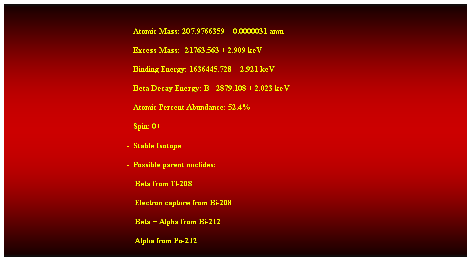 Cuadro de texto:  
-  Atomic Mass: 207.9766359  0.0000031 amu 
-  Excess Mass: -21763.563  2.909 keV 
-  Binding Energy: 1636445.728  2.921 keV 
-  Beta Decay Energy: B- -2879.108  2.023 keV 
-  Atomic Percent Abundance: 52.4% 
-  Spin: 0+ 
-  Stable Isotope 
-  Possible parent nuclides: 
                                                                Beta from Tl-208 
                                                                Electron capture from Bi-208 
                                                                Beta + Alpha from Bi-212 
                                                                Alpha from Po-212 
