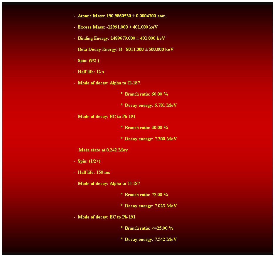 Cuadro de texto:  
-  Atomic Mass: 190.9860530  0.0004300 amu 
-  Excess Mass: -12991.000  401.000 keV 
-  Binding Energy: 1489679.000  401.000 keV 
-  Beta Decay Energy: B- -8011.000  500.000 keV 
-  Spin: (9/2-) 
-  Half life: 12 s 
-  Mode of decay: Alpha to Tl-187 
  Branch ratio: 60.00 % 
  Decay energy: 6.781 MeV 
-  Mode of decay: EC to Pb-191 
  Branch ratio: 40.00 % 
  Decay energy: 7.300 MeV 
    Meta state at 0.242 Mev 
-  Spin: (1/2+) 
-  Half life: 150 ms 
-  Mode of decay: Alpha to Tl-187 
  Branch ratio: 75.00 % 
  Decay energy: 7.023 MeV 
-  Mode of decay: EC to Pb-191 
  Branch ratio: <=25.00 % 
  Decay energy: 7.542 MeV 
