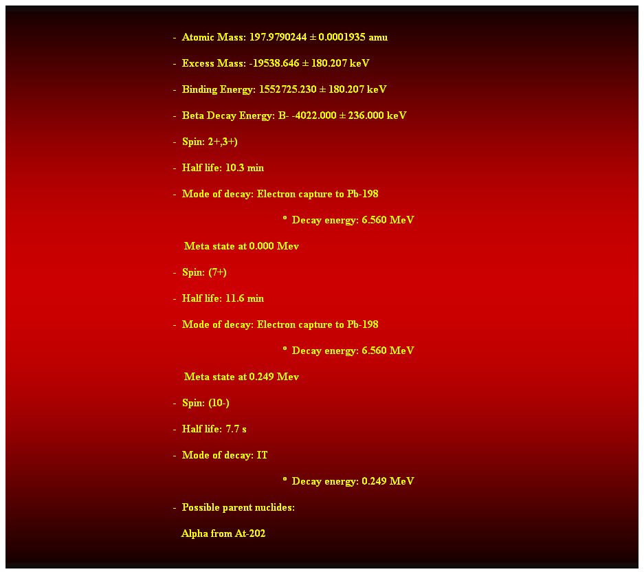 Cuadro de texto:  
-  Atomic Mass: 197.9790244  0.0001935 amu 
-  Excess Mass: -19538.646  180.207 keV 
-  Binding Energy: 1552725.230  180.207 keV 
-  Beta Decay Energy: B- -4022.000  236.000 keV 
-  Spin: 2+,3+) 
-  Half life: 10.3 min 
-  Mode of decay: Electron capture to Pb-198 
  Decay energy: 6.560 MeV 
    Meta state at 0.000 Mev 
-  Spin: (7+) 
-  Half life: 11.6 min 
-  Mode of decay: Electron capture to Pb-198 
  Decay energy: 6.560 MeV 
    Meta state at 0.249 Mev 
-  Spin: (10-) 
-  Half life: 7.7 s 
-  Mode of decay: IT 
  Decay energy: 0.249 MeV 
-  Possible parent nuclides: 
   Alpha from At-202 
