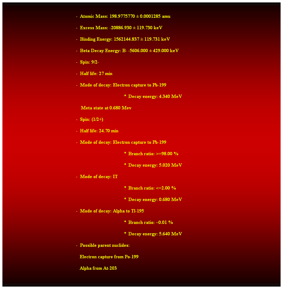 Cuadro de texto:  
-  Atomic Mass: 198.9775770  0.0001285 amu 
-  Excess Mass: -20886.930  119.730 keV 
-  Binding Energy: 1562144.837  119.731 keV 
-  Beta Decay Energy: B- -5606.000  429.000 keV 
-  Spin: 9/2- 
-  Half life: 27 min 
-  Mode of decay: Electron capture to Pb-199 
  Decay energy: 4.340 MeV 
    Meta state at 0.680 Mev 
-  Spin: (1/2+) 
-  Half life: 24.70 min 
-  Mode of decay: Electron capture to Pb-199 
  Branch ratio: >=98.00 % 
  Decay energy: 5.020 MeV 
-  Mode of decay: IT 
  Branch ratio: <=2.00 % 
  Decay energy: 0.680 MeV 
-  Mode of decay: Alpha to Tl-195 
  Branch ratio: ~0.01 % 
  Decay energy: 5.640 MeV 
-  Possible parent nuclides: 
                                                               Electron capture from Po-199 
                                                               Alpha from At-203 
 
