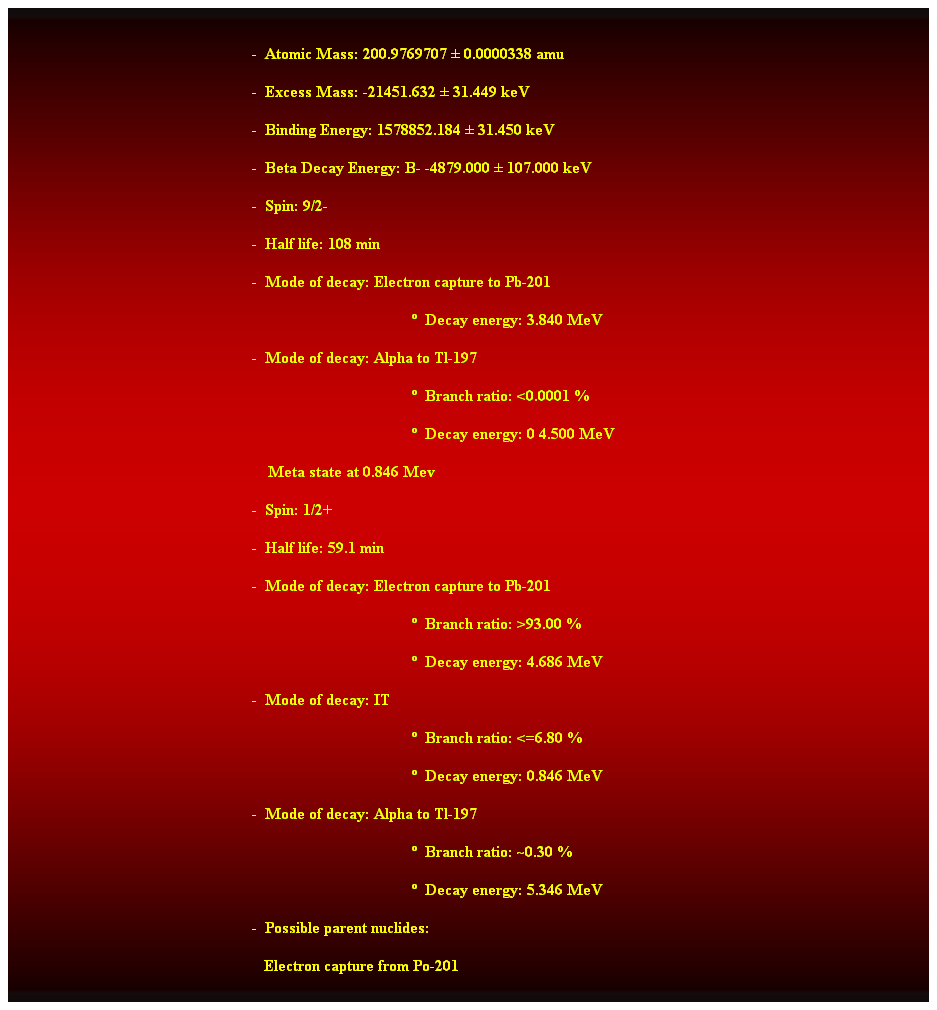 Cuadro de texto:  
-  Atomic Mass: 200.9769707  0.0000338 amu 
-  Excess Mass: -21451.632  31.449 keV 
-  Binding Energy: 1578852.184  31.450 keV 
-  Beta Decay Energy: B- -4879.000  107.000 keV 
-  Spin: 9/2- 
-  Half life: 108 min 
-  Mode of decay: Electron capture to Pb-201 
  Decay energy: 3.840 MeV 
-  Mode of decay: Alpha to Tl-197 
  Branch ratio: <0.0001 % 
  Decay energy: 0 4.500 MeV 
    Meta state at 0.846 Mev 
-  Spin: 1/2+ 
-  Half life: 59.1 min 
-  Mode of decay: Electron capture to Pb-201 
  Branch ratio: >93.00 % 
  Decay energy: 4.686 MeV 
-  Mode of decay: IT 
  Branch ratio: <=6.80 % 
  Decay energy: 0.846 MeV 
-  Mode of decay: Alpha to Tl-197 
  Branch ratio: ~0.30 % 
  Decay energy: 5.346 MeV 
-  Possible parent nuclides: 
                                                               Electron capture from Po-201 
Alpha from At-205 
