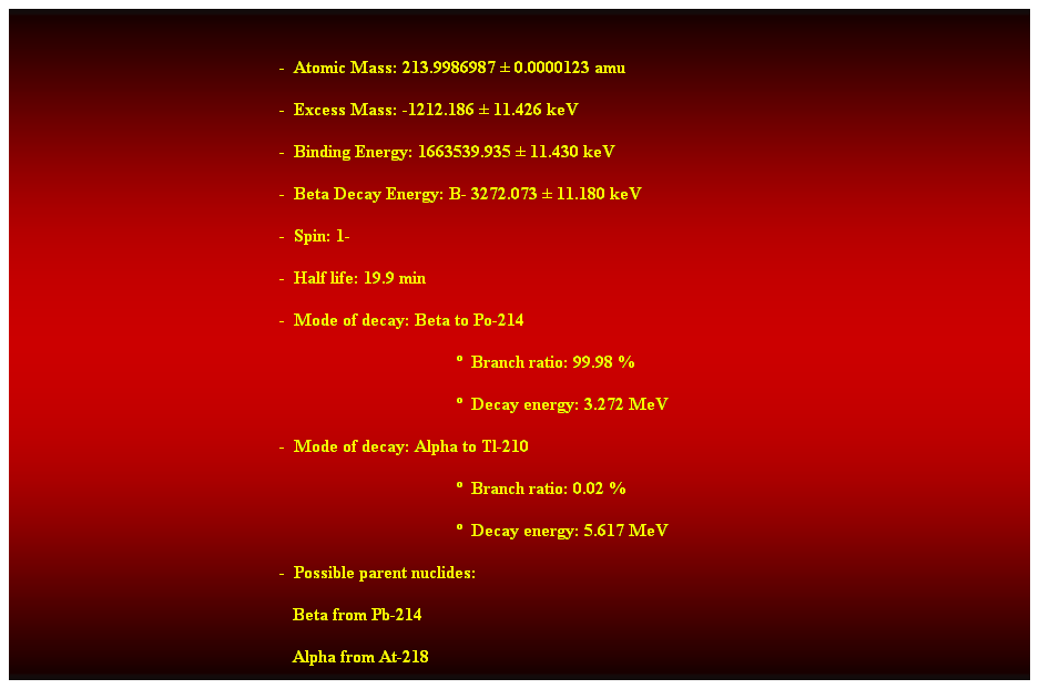 Cuadro de texto:  
-  Atomic Mass: 213.9986987  0.0000123 amu 
-  Excess Mass: -1212.186  11.426 keV 
-  Binding Energy: 1663539.935  11.430 keV 
-  Beta Decay Energy: B- 3272.073  11.180 keV 
-  Spin: 1- 
-  Half life: 19.9 min 
-  Mode of decay: Beta to Po-214 
  Branch ratio: 99.98 % 
  Decay energy: 3.272 MeV 
-  Mode of decay: Alpha to Tl-210 
  Branch ratio: 0.02 % 
  Decay energy: 5.617 MeV 
-  Possible parent nuclides: 
                                                               Beta from Pb-214 
                                                               Alpha from At-218
