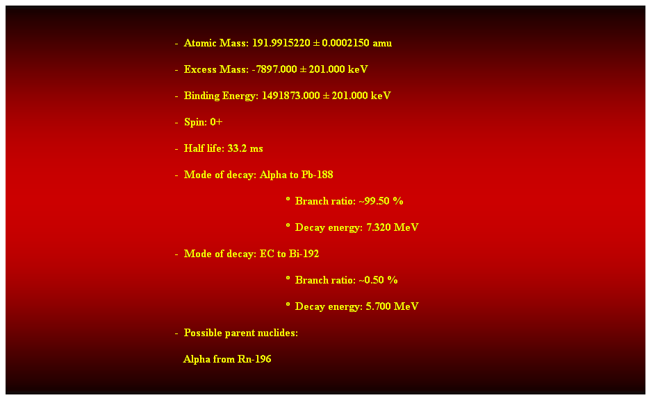 Cuadro de texto:  
-  Atomic Mass: 191.9915220  0.0002150 amu 
-  Excess Mass: -7897.000  201.000 keV 
-  Binding Energy: 1491873.000  201.000 keV 
-  Spin: 0+ 
-  Half life: 33.2 ms 
-  Mode of decay: Alpha to Pb-188 
  Branch ratio: ~99.50 % 
  Decay energy: 7.320 MeV 
-  Mode of decay: EC to Bi-192 
  Branch ratio: ~0.50 % 
  Decay energy: 5.700 MeV 
-  Possible parent nuclides: 
   Alpha from Rn-196 
