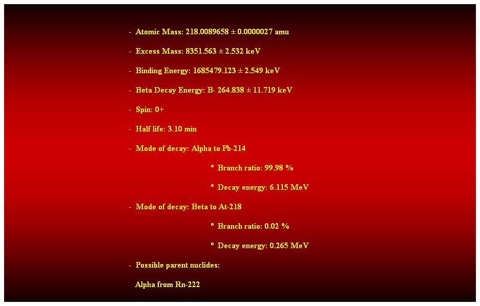 Cuadro de texto:  
-  Atomic Mass: 218.0089658  0.0000027 amu 
-  Excess Mass: 8351.563  2.532 keV 
-  Binding Energy: 1685479.123  2.549 keV 
-  Beta Decay Energy: B- 264.838  11.719 keV 
-  Spin: 0+ 
-  Half life: 3.10 min 
-  Mode of decay: Alpha to Pb-214 
  Branch ratio: 99.98 % 
  Decay energy: 6.115 MeV 
-  Mode of decay: Beta to At-218 
  Branch ratio: 0.02 % 
  Decay energy: 0.265 MeV 
-  Possible parent nuclides: 
   Alpha from Rn-222 
