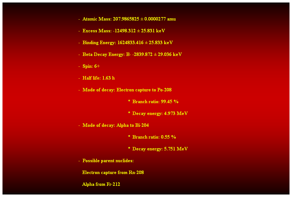 Cuadro de texto:  
-  Atomic Mass: 207.9865825  0.0000277 amu 
-  Excess Mass: -12498.312  25.831 keV 
-  Binding Energy: 1624833.416  25.833 keV 
-  Beta Decay Energy: B- -2839.872  29.036 keV 
-  Spin: 6+ 
-  Half life: 1.63 h 
-  Mode of decay: Electron capture to Po-208 
  Branch ratio: 99.45 % 
  Decay energy: 4.973 MeV 
-  Mode of decay: Alpha to Bi-204 
  Branch ratio: 0.55 % 
  Decay energy: 5.751 MeV 
-  Possible parent nuclides: 
                                                               Electron capture from Rn-208 
                                                               Alpha from Fr-212
