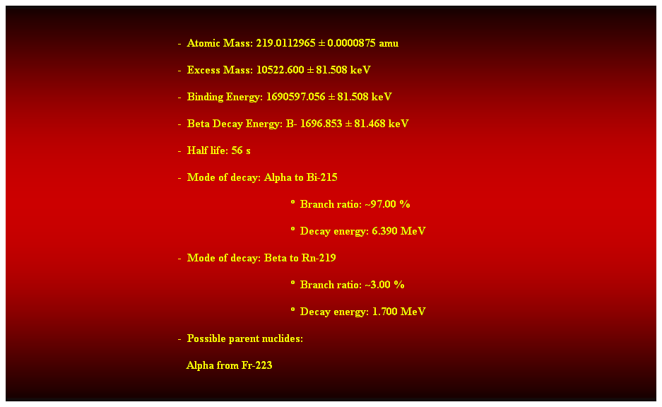 Cuadro de texto:  
-  Atomic Mass: 219.0112965  0.0000875 amu 
-  Excess Mass: 10522.600  81.508 keV 
-  Binding Energy: 1690597.056  81.508 keV 
-  Beta Decay Energy: B- 1696.853  81.468 keV 
-  Half life: 56 s 
-  Mode of decay: Alpha to Bi-215 
  Branch ratio: ~97.00 % 
  Decay energy: 6.390 MeV 
-  Mode of decay: Beta to Rn-219 
  Branch ratio: ~3.00 % 
  Decay energy: 1.700 MeV 
-  Possible parent nuclides: 
   Alpha from Fr-223 
