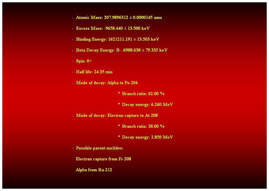 Cuadro de texto:  
-  Atomic Mass: 207.9896312  0.0000145 amu 
-  Excess Mass: -9658.440  13.500 keV 
-  Binding Energy: 1621211.191  13.503 keV 
-  Beta Decay Energy: B- -6988.638  79.335 keV 
-  Spin: 0+ 
-  Half life: 24.35 min 
-  Mode of decay: Alpha to Po-204 
  Branch ratio: 62.00 % 
  Decay energy: 6.260 MeV 
-  Mode of decay: Electron capture to At-208 
  Branch ratio: 38.00 % 
  Decay energy: 2.850 MeV 
-  Possible parent nuclides: 
                                                               Electron capture from Fr-208 
                                                               Alpha from Ra-212 
