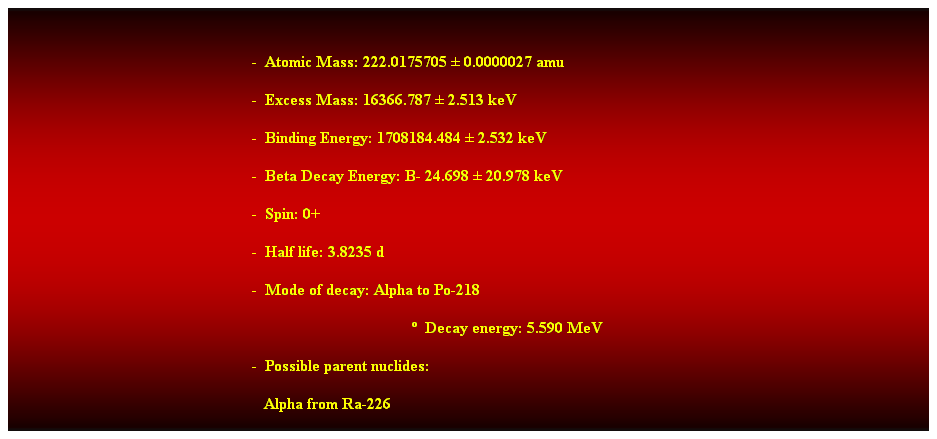 Cuadro de texto:  
-  Atomic Mass: 222.0175705  0.0000027 amu 
-  Excess Mass: 16366.787  2.513 keV 
-  Binding Energy: 1708184.484  2.532 keV 
-  Beta Decay Energy: B- 24.698  20.978 keV 
-  Spin: 0+ 
-  Half life: 3.8235 d 
-  Mode of decay: Alpha to Po-218 
  Decay energy: 5.590 MeV 
-  Possible parent nuclides: 
   Alpha from Ra-226 
