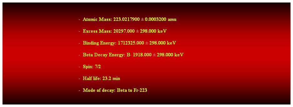 Cuadro de texto:  
-  Atomic Mass: 223.0217900  0.0003200 amu 
-  Excess Mass: 20297.000  298.000 keV 
-  Binding Energy: 1712325.000  298.000 keV 
-  Beta Decay Energy: B- 1918.000  298.000 keV 
-  Spin: 7/2 
-  Half life: 23.2 min 
-  Mode of decay: Beta to Fr-223 
