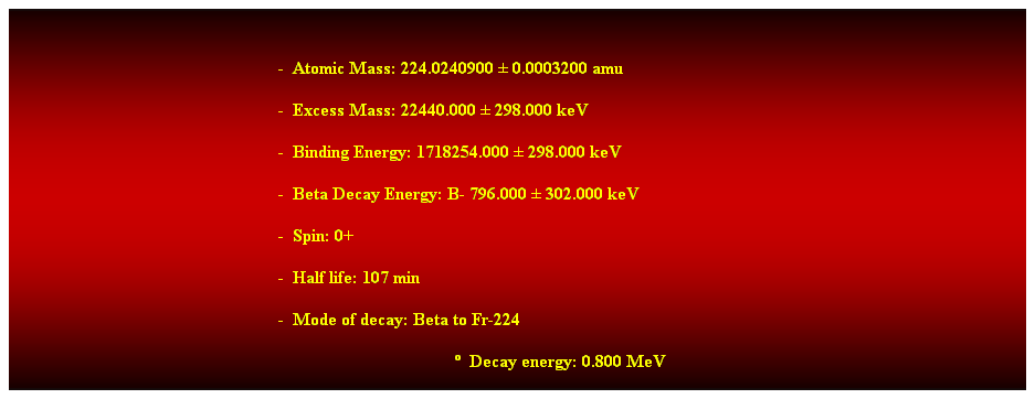 Cuadro de texto:  
-  Atomic Mass: 224.0240900  0.0003200 amu 
-  Excess Mass: 22440.000  298.000 keV 
-  Binding Energy: 1718254.000  298.000 keV 
-  Beta Decay Energy: B- 796.000  302.000 keV 
-  Spin: 0+ 
-  Half life: 107 min 
-  Mode of decay: Beta to Fr-224 
  Decay energy: 0.800 MeV 
