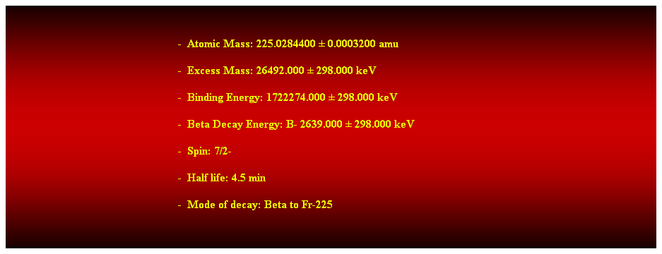 Cuadro de texto:  
-  Atomic Mass: 225.0284400  0.0003200 amu 
-  Excess Mass: 26492.000  298.000 keV 
-  Binding Energy: 1722274.000  298.000 keV 
-  Beta Decay Energy: B- 2639.000  298.000 keV 
-  Spin: 7/2- 
-  Half life: 4.5 min 
-  Mode of decay: Beta to Fr-225 
