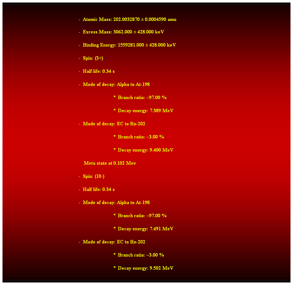 Cuadro de texto:  
-  Atomic Mass: 202.0032870  0.0004590 amu 
-  Excess Mass: 3062.000  428.000 keV  
-  Binding Energy: 1559281.000  428.000 keV 
-  Spin: (3+) 
-  Half life: 0.34 s 
-  Mode of decay: Alpha to At-198 
                              Branch ratio: ~97.00 % 
                              Decay energy: 7.389 MeV 
-  Mode of decay: EC to Rn-202 
                              Branch ratio: ~3.00 % 
                              Decay energy: 9.400 MeV 
    Meta state at 0.102 Mev 
-  Spin: (10-) 
-  Half life: 0.34 s 
-  Mode of decay: Alpha to At-198 
                              Branch ratio: ~97.00 % 
                              Decay energy: 7.491 MeV 
-  Mode of decay: EC to Rn-202 
                              Branch ratio: ~3.00 % 
                              Decay energy: 9.502 MeV 
 
