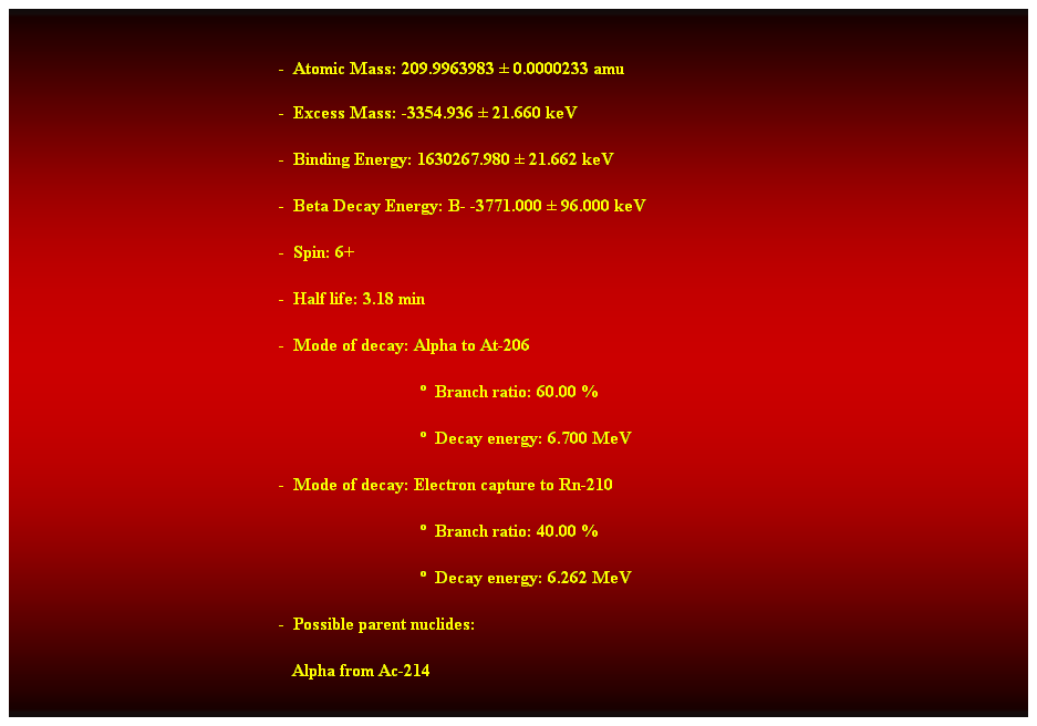 Cuadro de texto:  
-  Atomic Mass: 209.9963983  0.0000233 amu 
-  Excess Mass: -3354.936  21.660 keV 
-  Binding Energy: 1630267.980  21.662 keV 
-  Beta Decay Energy: B- -3771.000  96.000 keV 
-  Spin: 6+ 
-  Half life: 3.18 min 
-  Mode of decay: Alpha to At-206 
                                  Branch ratio: 60.00 % 
                                  Decay energy: 6.700 MeV 
-  Mode of decay: Electron capture to Rn-210 
                                  Branch ratio: 40.00 % 
                                  Decay energy: 6.262 MeV 
-  Possible parent nuclides: 
   Alpha from Ac-214 
 
