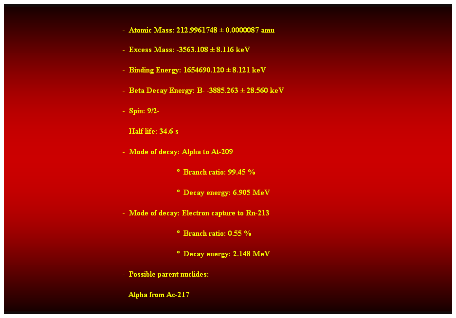 Cuadro de texto:  
-  Atomic Mass: 212.9961748  0.0000087 amu 
-  Excess Mass: -3563.108  8.116 keV 
-  Binding Energy: 1654690.120  8.121 keV 
-  Beta Decay Energy: B- -3885.263  28.560 keV 
-  Spin: 9/2- 
-  Half life: 34.6 s 
-  Mode of decay: Alpha to At-209 
                              Branch ratio: 99.45 % 
                              Decay energy: 6.905 MeV 
-  Mode of decay: Electron capture to Rn-213 
                              Branch ratio: 0.55 % 
                              Decay energy: 2.148 MeV 
-  Possible parent nuclides: 
   Alpha from Ac-217 
