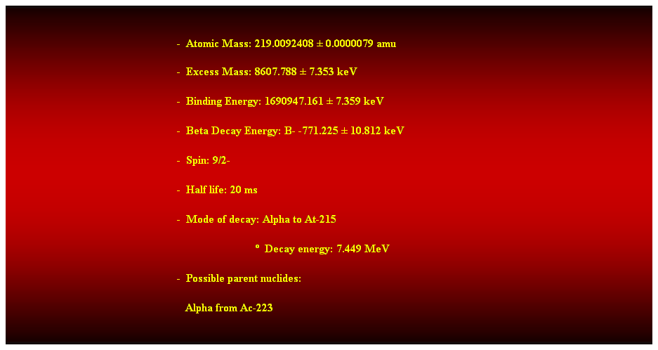 Cuadro de texto:  
-  Atomic Mass: 219.0092408  0.0000079 amu 
-  Excess Mass: 8607.788  7.353 keV 
-  Binding Energy: 1690947.161  7.359 keV 
-  Beta Decay Energy: B- -771.225  10.812 keV 
-  Spin: 9/2- 
-  Half life: 20 ms 
-  Mode of decay: Alpha to At-215 
                              Decay energy: 7.449 MeV 
-  Possible parent nuclides: 
   Alpha from Ac-223 
 
