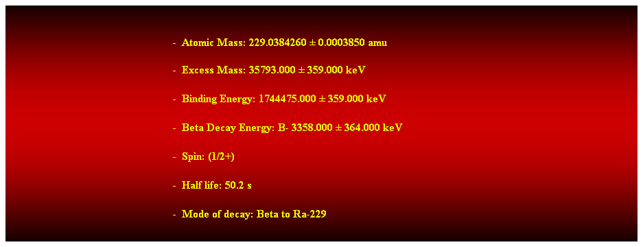 Cuadro de texto:  
-  Atomic Mass: 229.0384260  0.0003850 amu 
-  Excess Mass: 35793.000  359.000 keV 
-  Binding Energy: 1744475.000  359.000 keV 
-  Beta Decay Energy: B- 3358.000  364.000 keV 
-  Spin: (1/2+) 
-  Half life: 50.2 s 
-  Mode of decay: Beta to Ra-229 
 
