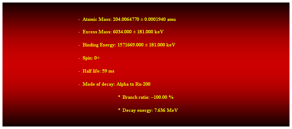 Cuadro de texto:  
-  Atomic Mass: 204.0064770  0.0001940 amu 
-  Excess Mass: 6034.000  181.000 keV 
-  Binding Energy: 1571669.000  181.000 keV 
-  Spin: 0+ 
-  Half life: 59 ms 
-  Mode of decay: Alpha to Rn-200 
                                  Branch ratio: ~100.00 % 
                                  Decay energy: 7.636 MeV 
