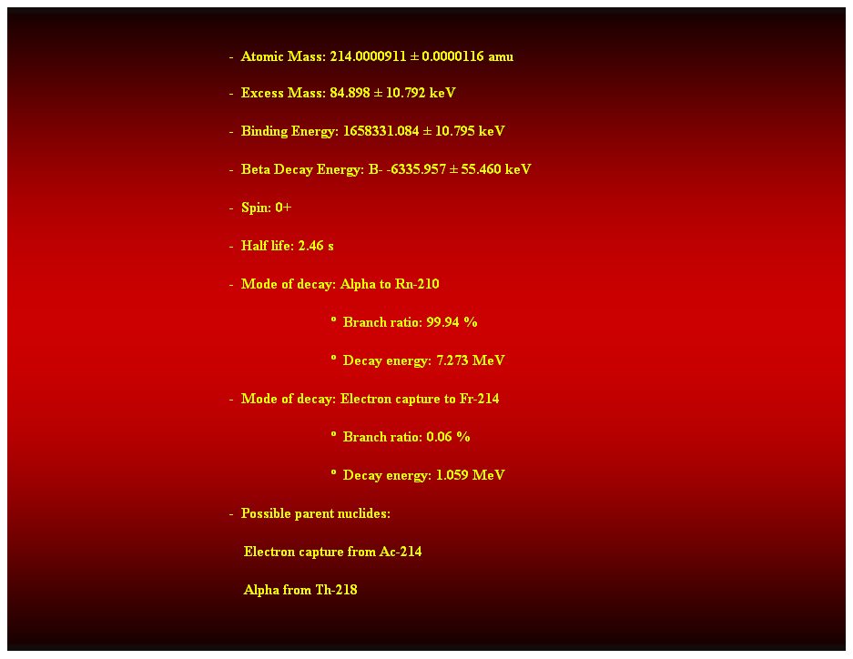 Cuadro de texto:  
-  Atomic Mass: 214.0000911  0.0000116 amu 
-  Excess Mass: 84.898  10.792 keV 
-  Binding Energy: 1658331.084  10.795 keV 
-  Beta Decay Energy: B- -6335.957  55.460 keV 
-  Spin: 0+ 
-  Half life: 2.46 s 
-  Mode of decay: Alpha to Rn-210 
                              Branch ratio: 99.94 % 
                              Decay energy: 7.273 MeV 
-  Mode of decay: Electron capture to Fr-214 
                              Branch ratio: 0.06 % 
                              Decay energy: 1.059 MeV 
-  Possible parent nuclides: 
    Electron capture from Ac-214 
    Alpha from Th-218 
 
